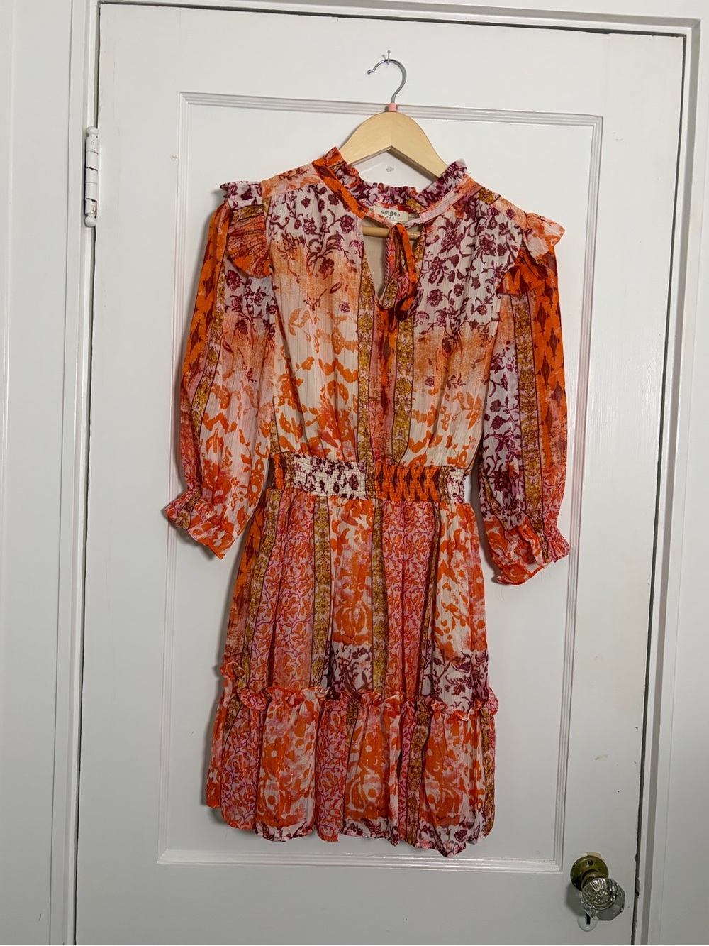 Umgee Orange and Pink Floral Tiered Tie-Neck Mini Dress